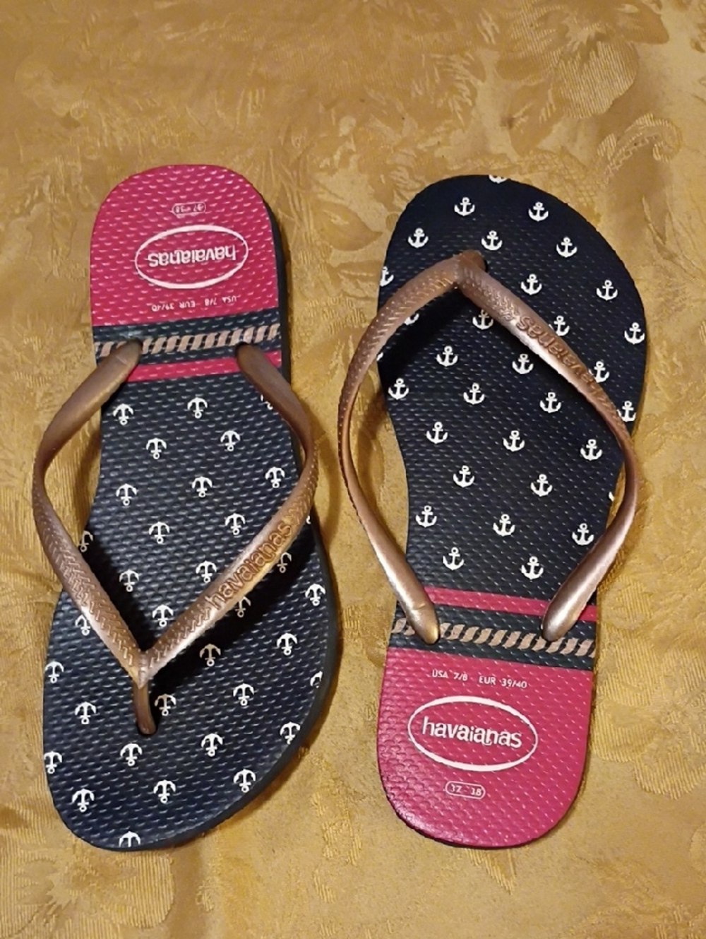 Havaianas Navy Anchor Flip Flops with Pink Gold Straps Women's 7/8